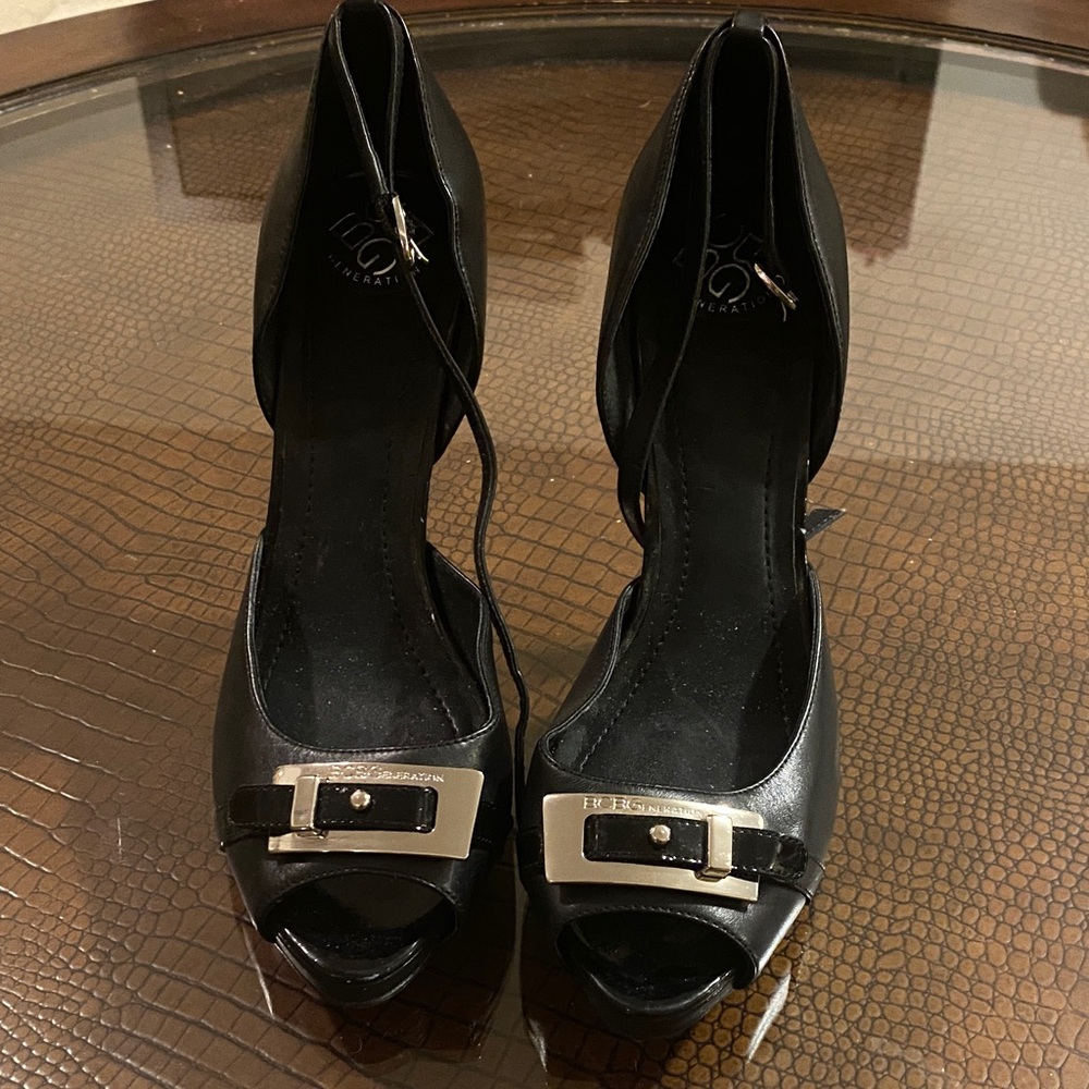 BCBGeneration Black Peep-Toe Heels with Buckle